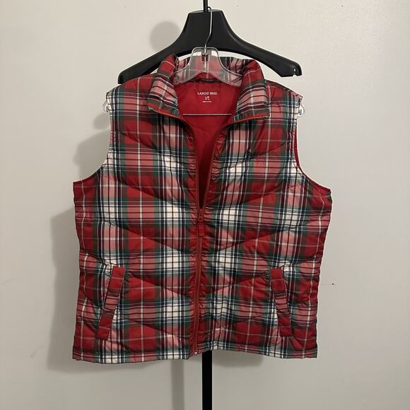 Lands' End Jackets & Blazers - Lands End Womens P Large Puffer Vest Down Filled Full Zip Red Plaid Snap Pockets